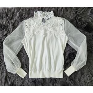 Adiva Mesh Lace Cream Turtleneck Sweater Top Sz Large